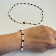 Vintage Rice Pearls & Almandine Garnet Gemstones Beaded Necklace & Bracelet Set