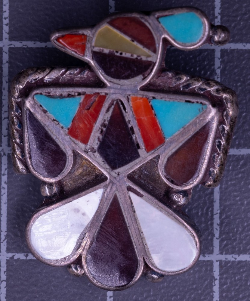 Vintage Southwestern Thunderbird Inlay Brooch Pin 2.5cm Multi