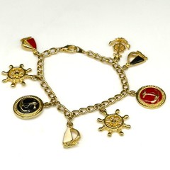 Vintage Nautical Charm Bracelet Gold Tone Chain 8 Charms Enamel Boat Anchor 6.75