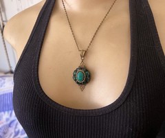 Vintage Scarab Necklace Egyptian Revival Pendant Green Czech Glass Beetle