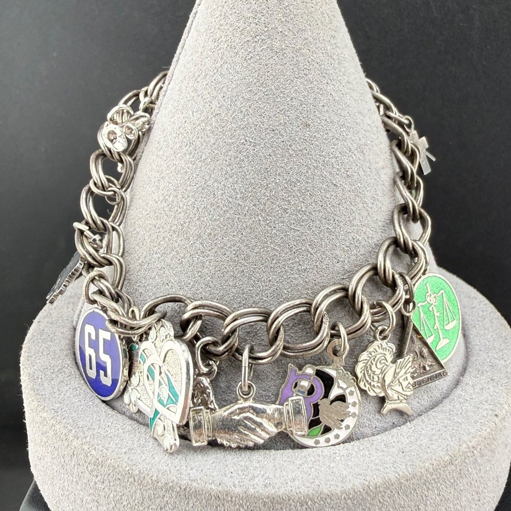 Vintage Sterling Silver Charm Bracelet LOADED Masonic 6.5”