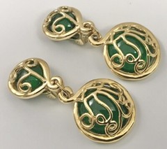 Stunning Vtg Dangle Drop Clip On Earrings Scroll Gold Tone Green Lucite. #1424