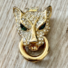 Vtg Green Eyed Cat Cougar Jaguar Statement Necklace Clasp Gold Tone Missing Gems