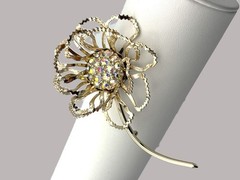Vintage 1968 Gold Tone Floral Brooch Aurora Borealis Large Long-Stem Flower Pin