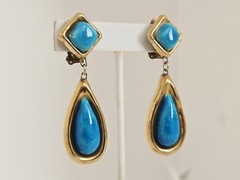 Vintage Artisan Gold Plated with Blue Ceramic Pottery Teardrop Clip On Earrings