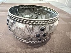 Vintage Wide Silvertone Tribal BangleBracelet with Black Stones