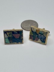 Vintage Dante Mosaic Chip Stone Resin Mid Century Gold Tone Cufflinks