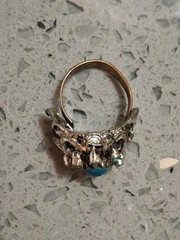 Vintage Coctail Ring Blue Cabachon Dome Dark Silver Tone Ornate Band Adjusts