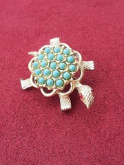 Vintage Turtle Gold Toned Brooch With Faux Turquoise Beads Red Rhinestone Eyes