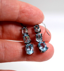 Silver Tone Pierced Wire Hook Earrings 1.5″ Blue Aquamarine Stones