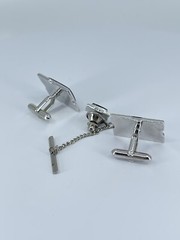 Swank Cufflink and Tie Tack set Jadeite rectangle silver tone 3/4″