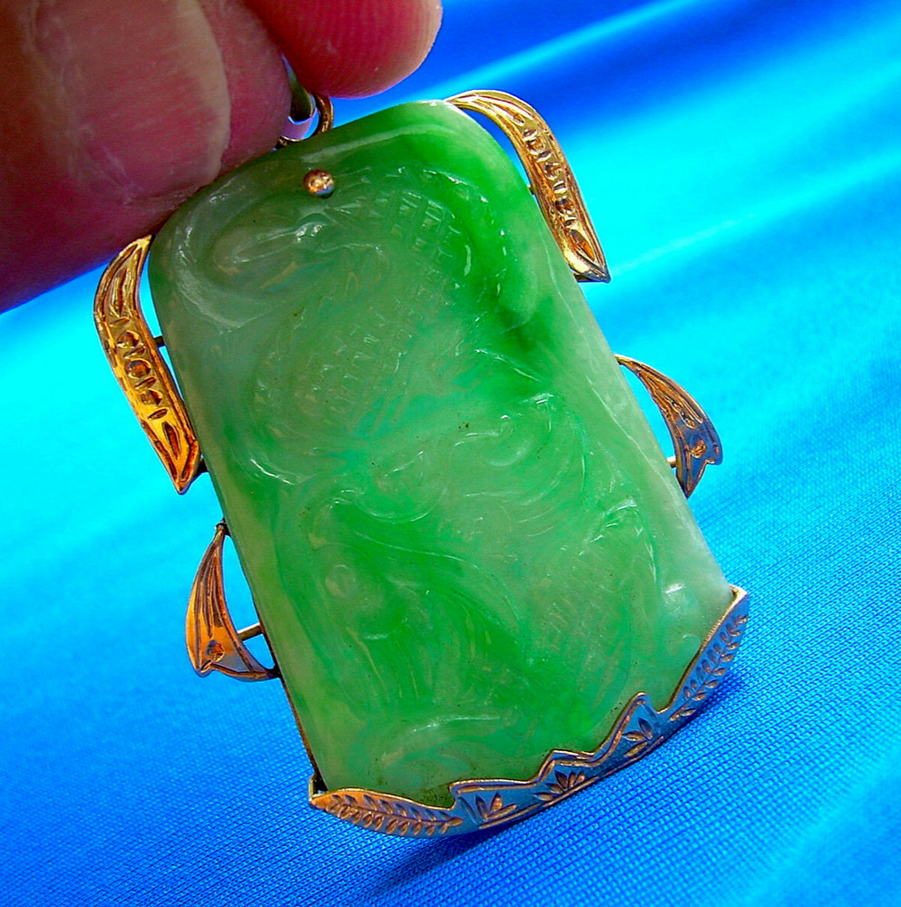 Original EARTH MINED Antique Green JADE DRAGON Pendant 14K GOLD Deco Luck Gift