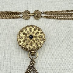 Vintage Goldette Trinket Locket Multi Strand Chain 30-42″ Blue Red Scrollwork