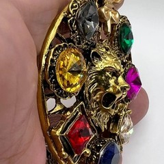 Colorful Rhinestone Lion Head Brooch Pin Gold Tone Retro Animal Jewelry