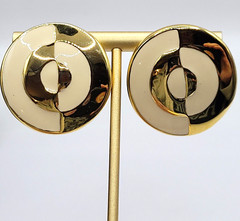 Geometric Mismatch Metal Cream Enamel Gold Tone Round Career Pierced Earrings