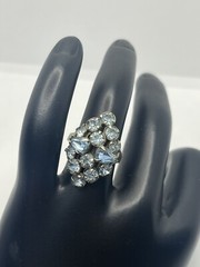 Navette pale blue rhinestone adjustable band cocktail vintage ring silver tone