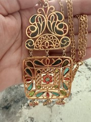 Trifari Plique a Jour Necklace Gold Tone Red Green Stained Glass Pendant Vintage