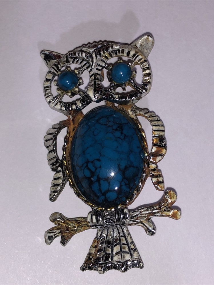 Vtg Gerry’s Signed Owl Brooch Pin Pendant Blue Faux Turquoise Belly Eyes Silver