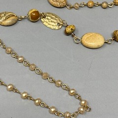 Stone Bead Necklace Brown Marble Gemstone StationChakra Long Gold Tone Chain 44″