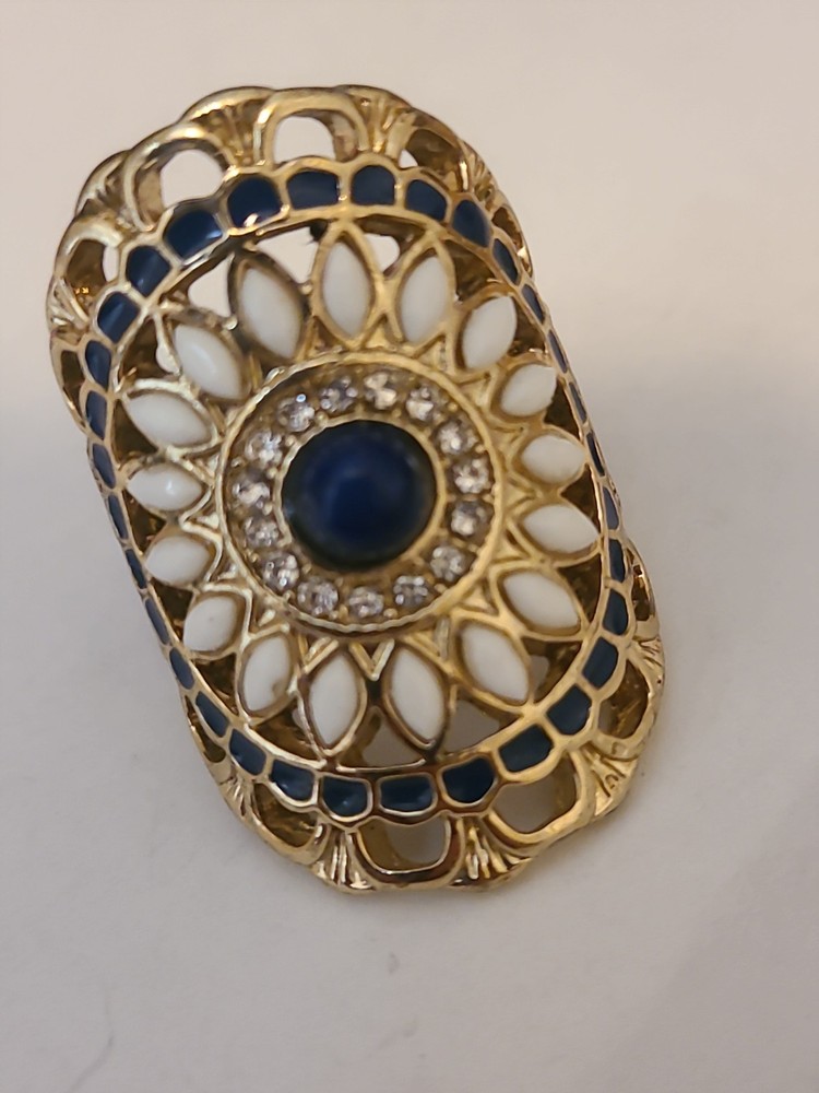 Vintage Blue And White Bead Crystal Mosaic Openwork Gold Plated Saddle Ring