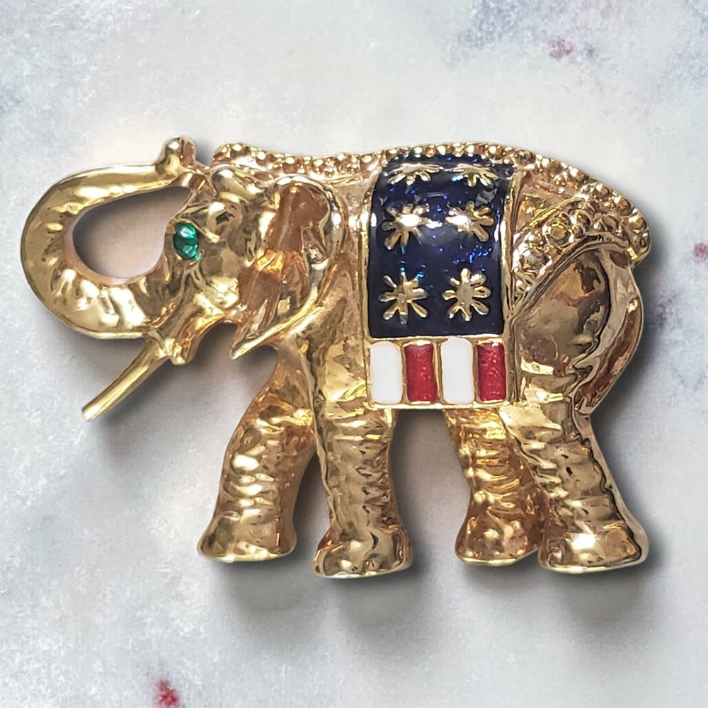 Vintage Patriotic Elephant Brooch Gold Tone Red White Blue Enamel Pin