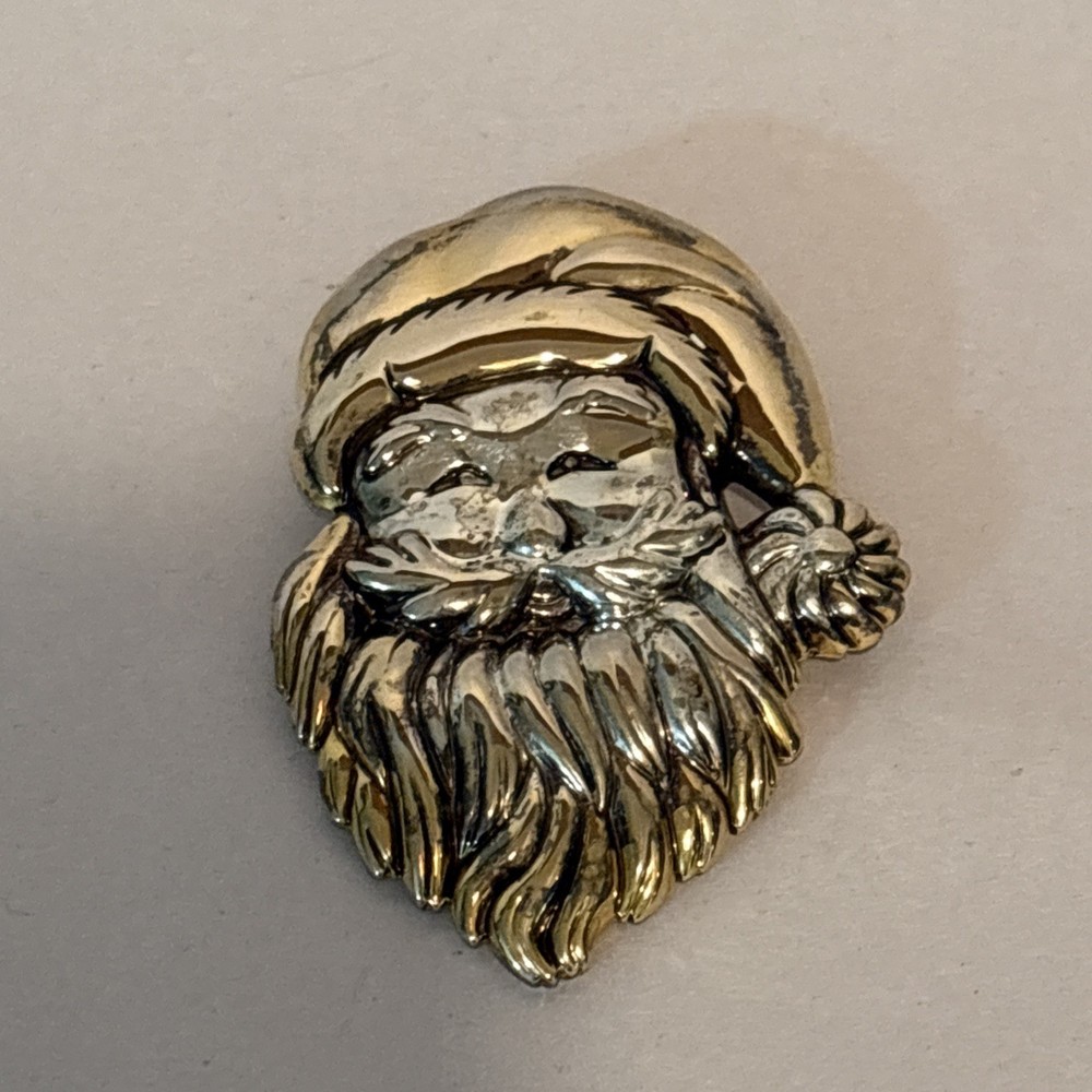 VTG Two Tone Metal Silvertone Santa Head Brooch Pendant Signed Best 3 1/8” Head