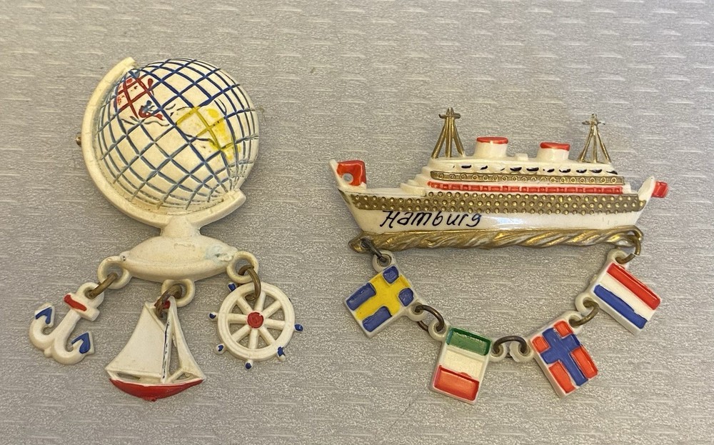 Vintage Celluloid Brooch Lot 2 Globe Ship Ocean Liner Dangling Flag Charms