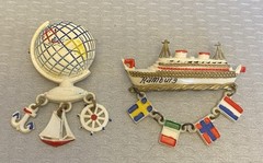 Vintage Celluloid Brooch Lot 2 Globe Ship Ocean Liner Dangling Flag Charms