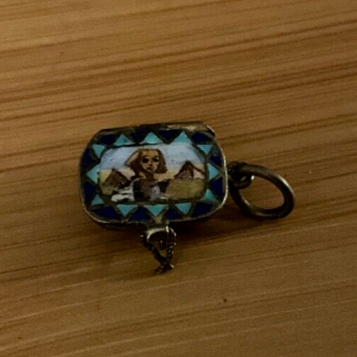 ANTIQUE EGYPTIAN REVIVAL ENAMEL MOSES BASKET/ BABY CHARM 800 Gold c1920s
