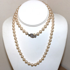 Vtg Knotted Faux Pearl Necklace 30″ REAL DIAMONDS in Clasp-50’s High End Costume