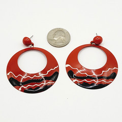 Large Metal Hoop Red Black White Enamel Hand Painted Pierced Vintage Earrings