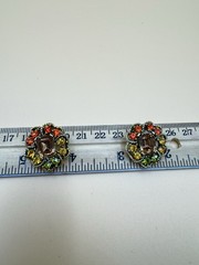 Vintage Rhinestone Clip-on Earrings Orange Green Yellow Flower Shape Judy Lee