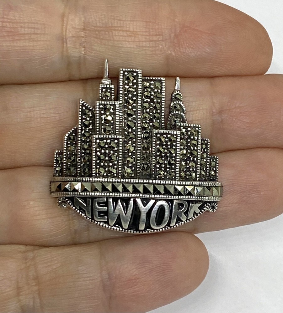 VTG Judith Jack J.J. Sterling Silver Markasite New York Skyscraper Pin Brooch17g