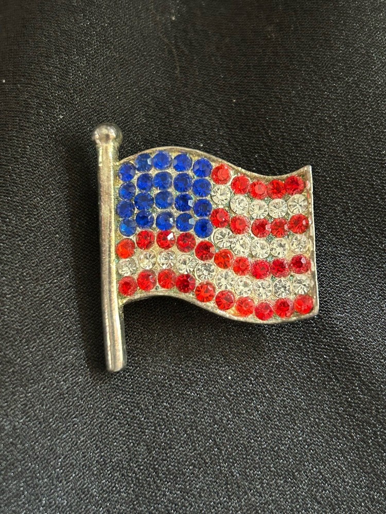 Vintage Patriotic American Flag Rhinestone Brooch Pin Red White Blue Waving USA
