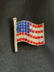 Vintage Patriotic American Flag Rhinestone Brooch Pin Red White Blue Waving USA