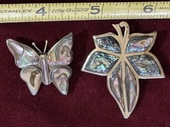 Vintage Alpaca MEXICO Abalone Shell Inlay BUTTERFLY & LEAF Brooches /Pins VGC