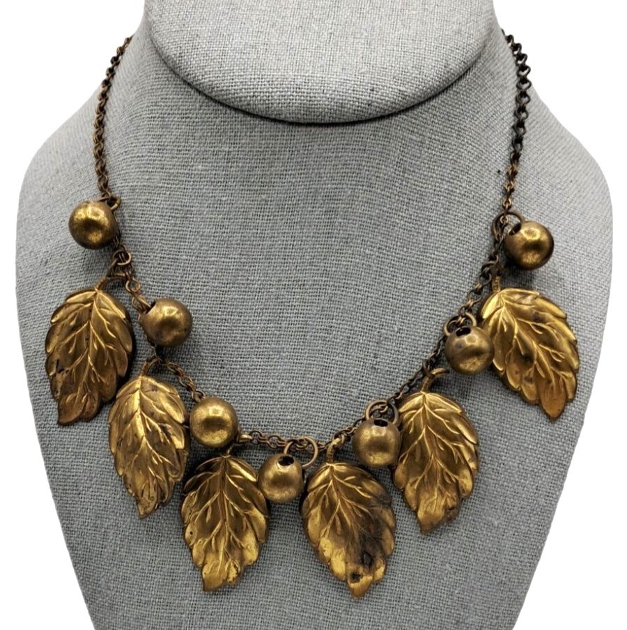 Vintage Brass Leaf Berry Necklace With Adjustable Chain Antique
