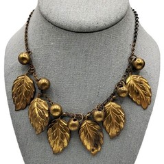 Vintage Brass Leaf Berry Necklace With Adjustable Chain Antique