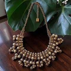 Y2K Bib Fringe Necklace Egyptian Revival Faux Pearl Gold Tone Victorian Vintage