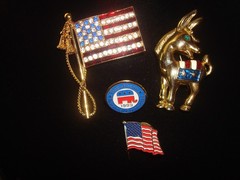 VINTAGE PATRIOTIC LOT (4) DEMOCRATIC DONKEY, REPUBLICAN ELEPHANT,US FLAGS Signed