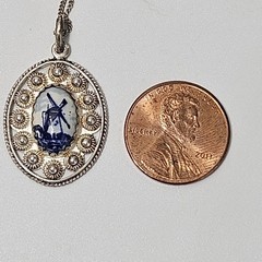 Silver 835 Necklace Windmill Holland Blue Porcelain Silver Chain 17″