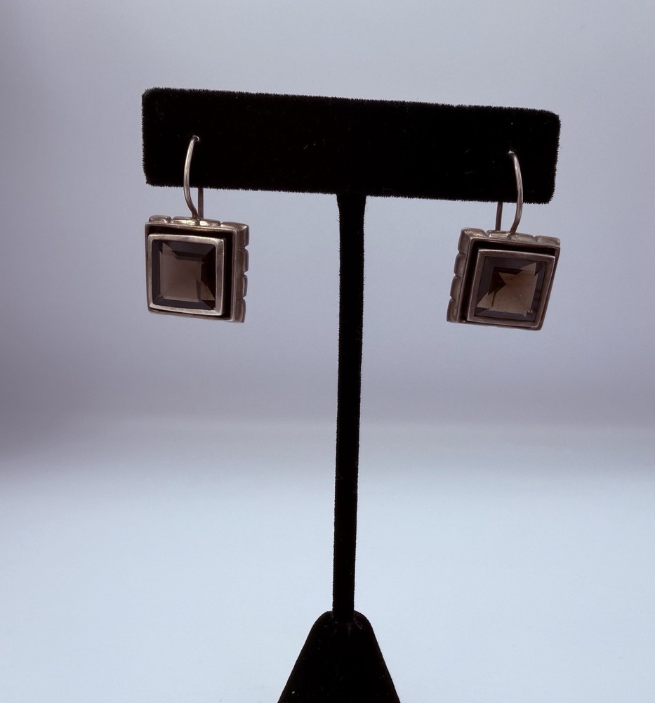 Vintage Square Sterling Silver and Smoky Quartz Drop Earrings Marked 925