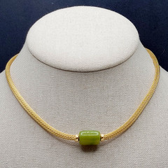 Crown Trifari Mesh Choker Necklace Lime Green Lucite Fixed Barrel Pendant 15 in