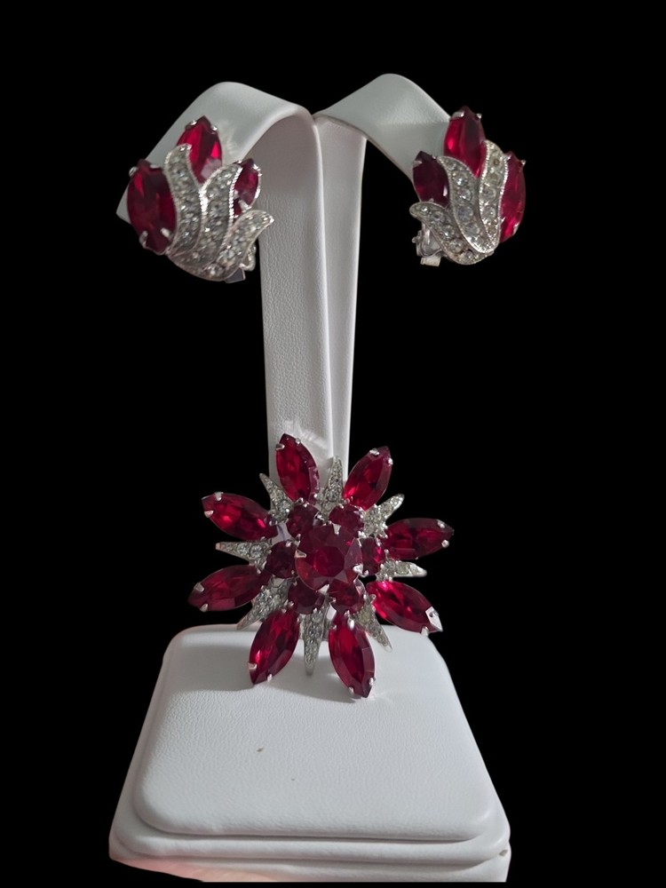 Vintage Eisenberg Ice Red Rhinstone Brooch & Clip Earrings Signed 1950’s