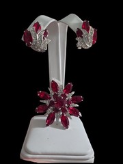 Vintage Eisenberg Ice Red Rhinstone Brooch & Clip Earrings Signed 1950’s