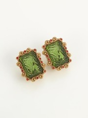Vintage Green Glass Gold Stud Earrings Palace Relief Wedding Charm Jewelry 2025