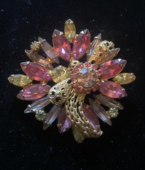 Vintage Pink Yellow Lavender Rhinestone Gold Tone Filigree Accents Brooch Unique