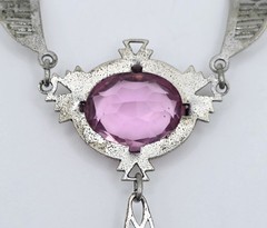 Antique Art Deco Lavalier Pendant Necklace Pink Glass Filigree Edwardian