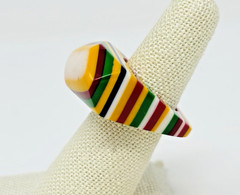 Vintage 70s Lucite Acrylic Striped Layer Ring Colorful Asymmetrical Retro Sz 5.5