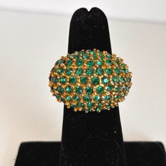 Vintage Cocktail Ring Gold Tone Emerald Green Rhinestone Pave Dome Adjustable